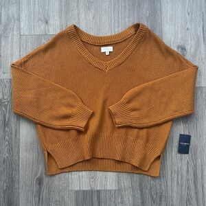 Lucky Brand Chunky Knit Balloon Sleeve V-Neck Pullover Sweater Brown Medium